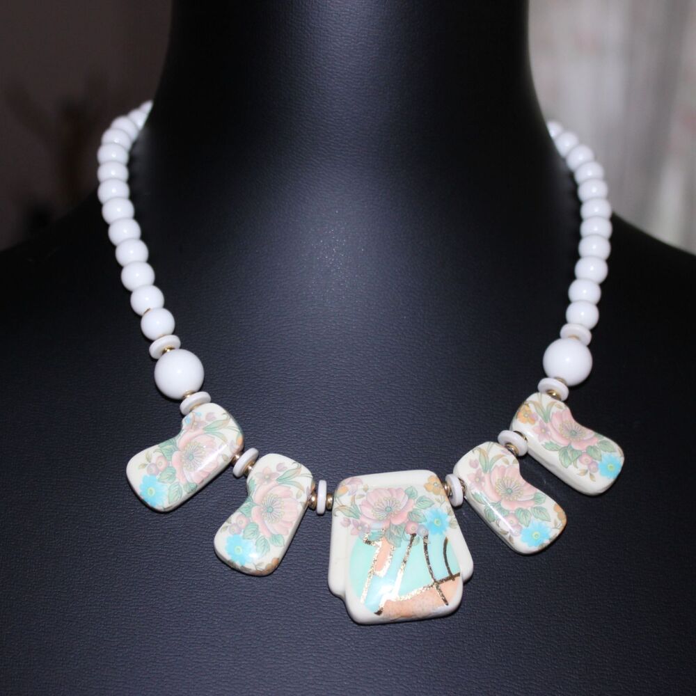 Floral Cottagecore White Ceramic Pastel Beaded Necklace Made in Japan